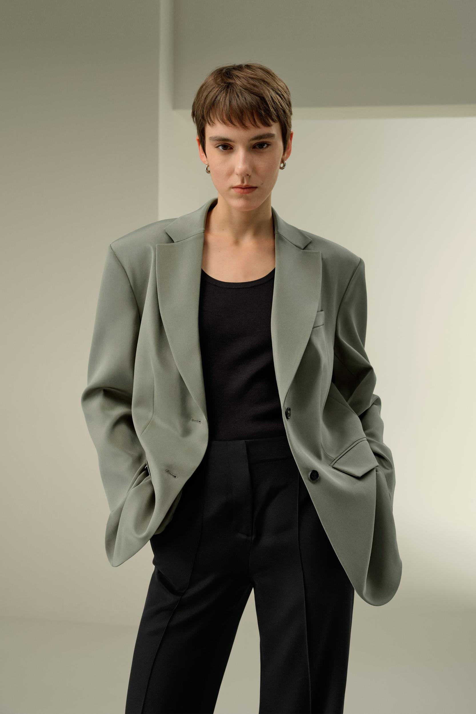 Oversized Padded-Shoulder Silk Blazer Product Image