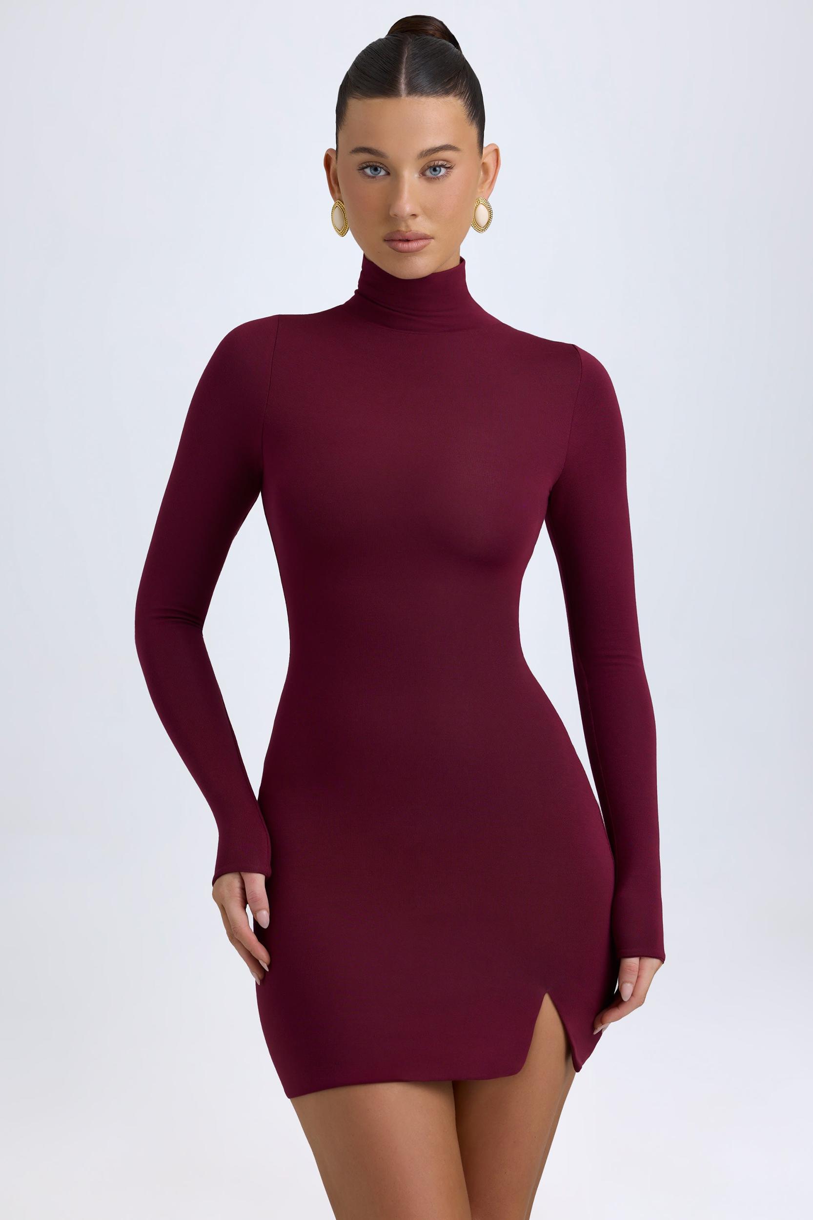 Modal Turtleneck Mini Dress in Wine Red Product Image