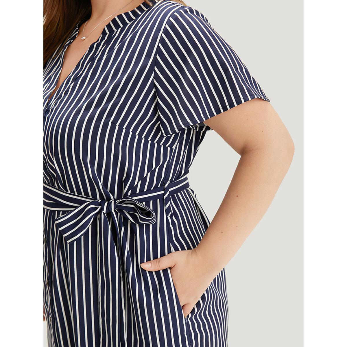 Plus Size Striped Pocket Button Through Belted Split Hem Dress Indigo Women Office Belted Notched collar Short sleeve Curvy Midi Dress BloomChic 10/M Product Image