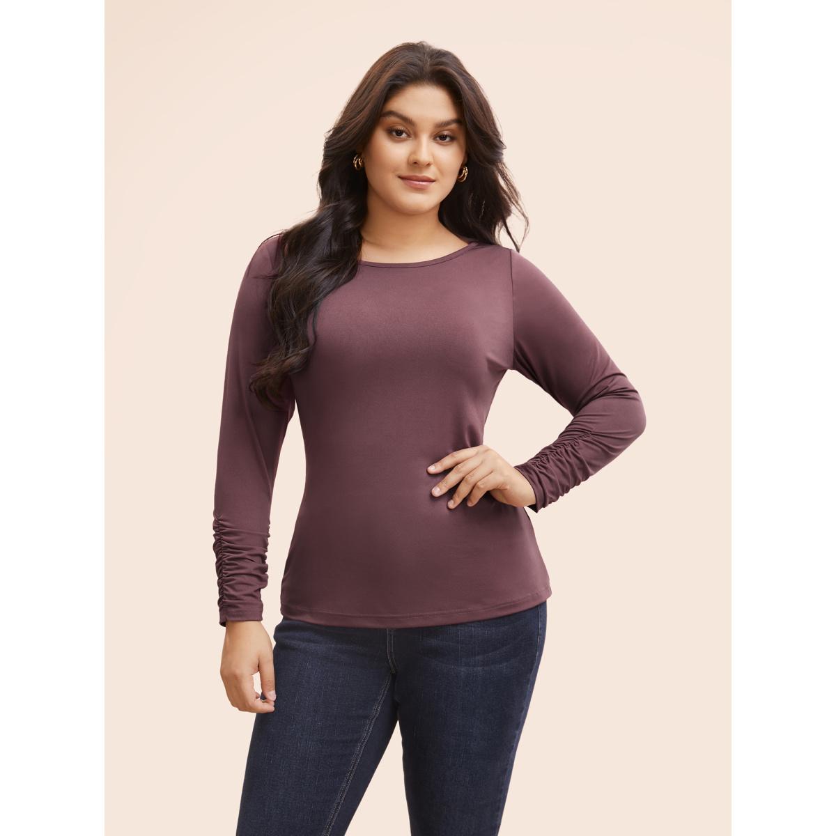 Plus Size Solid Boat Neck Gathered T-shirt DustyPink Women Elegant Gathered Boat Neck Bodycon Everyday T-shirts BloomChic 10/M Product Image