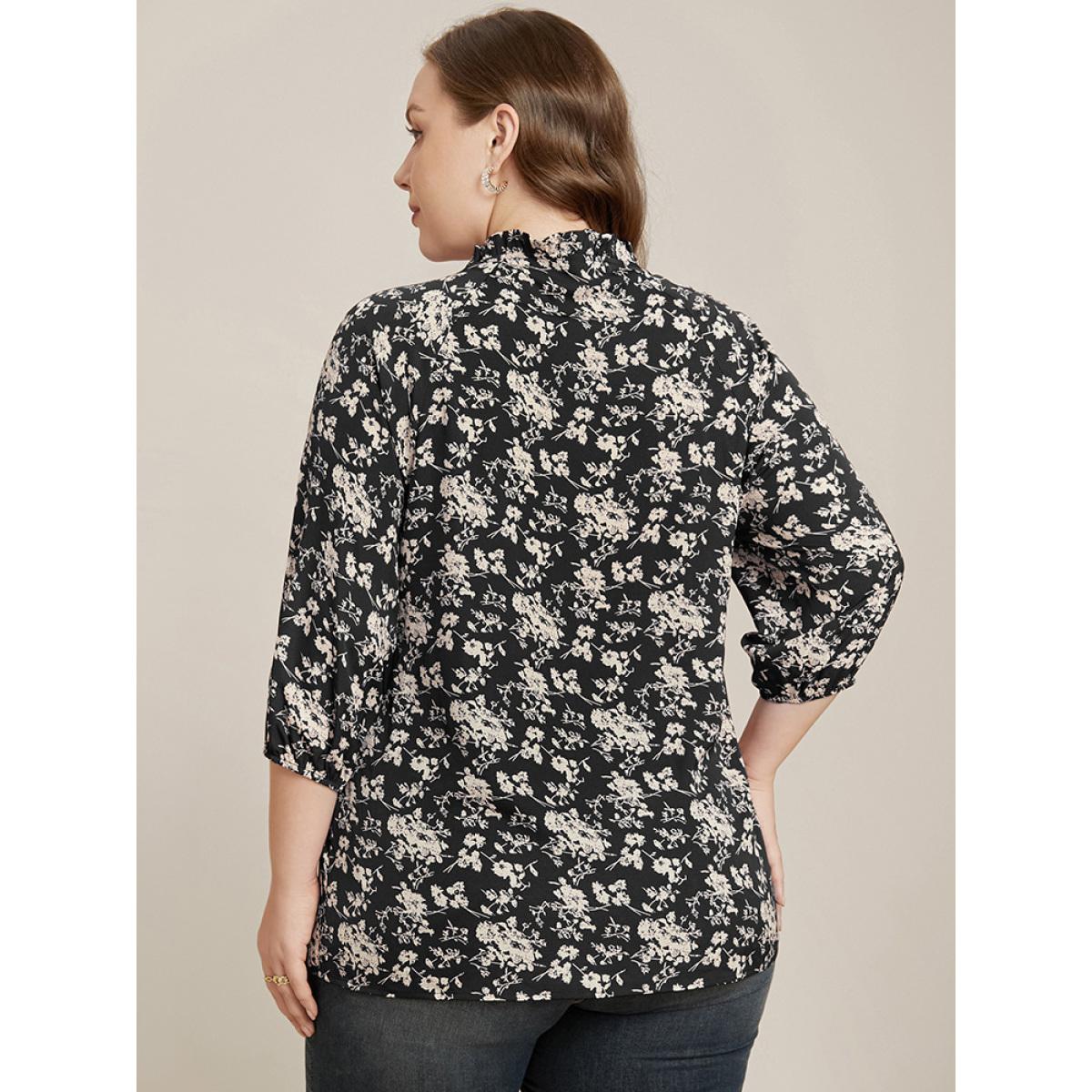 Plus Size Black Floral Print Lantern Sleeve Tie V Neck Blouse Women Elegant Elbow-length sleeve V-neck Dailywear Blouses BloomChic 14-16/1X Product Image