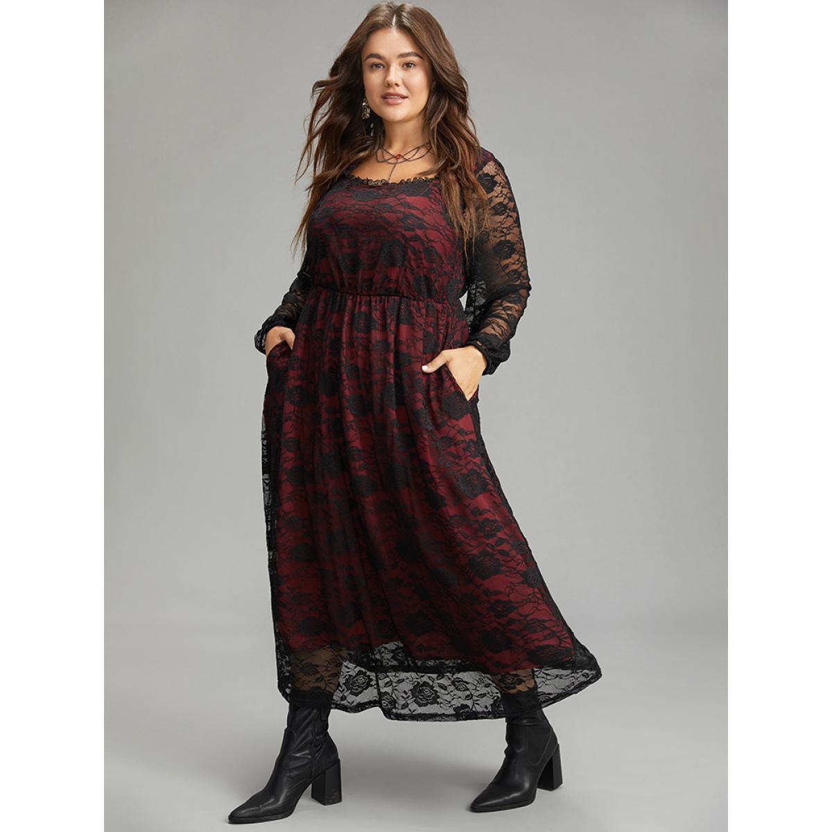 Plus Size Halloween Rose Crochet Lace Mesh Square Neck Dress Black Women Casual See through Square Neck Long Sleeve Curvy Midi Dress BloomChic 18-20/2X Product Image