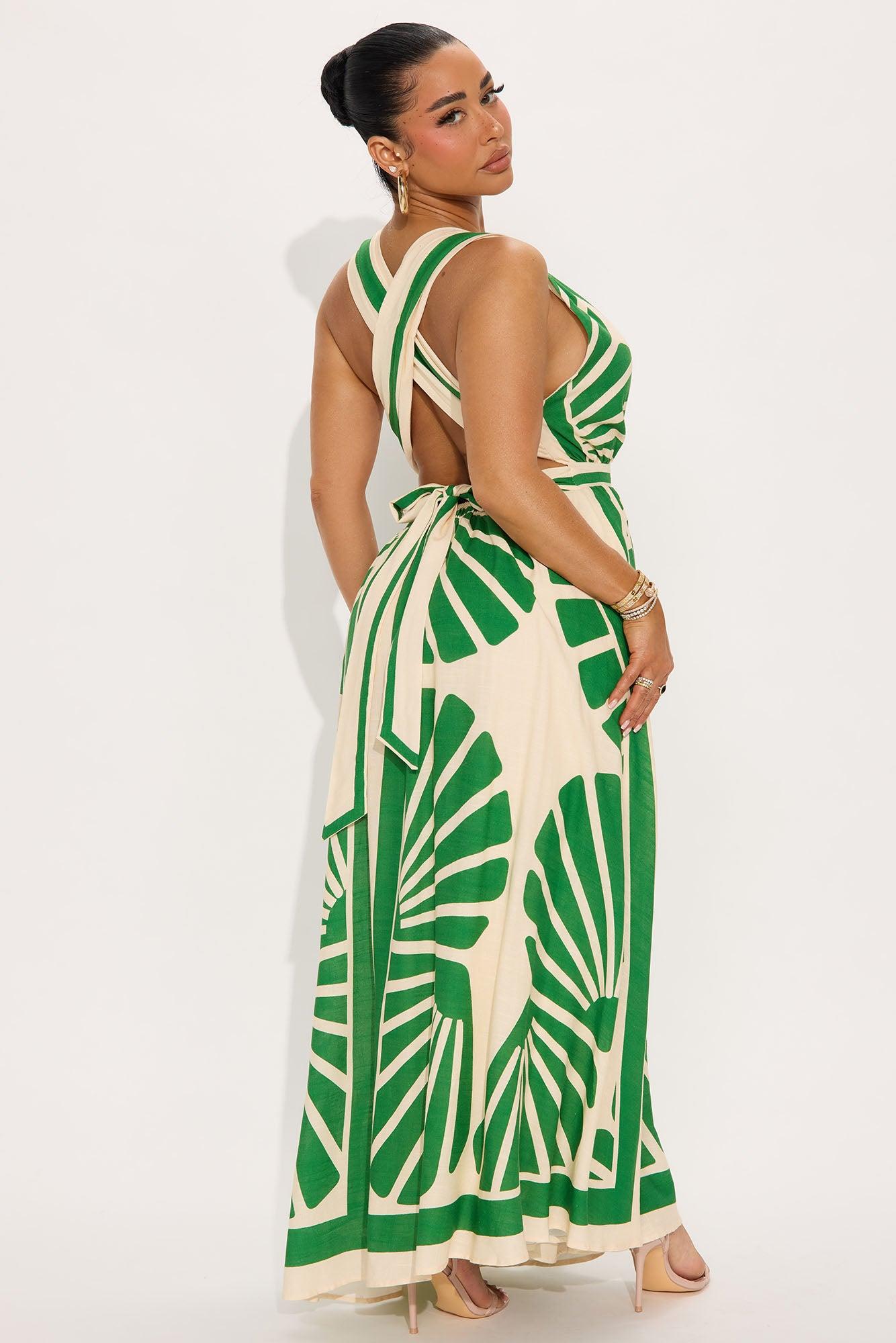 On Vacation Linen Maxi Dress - Green/combo Product Image