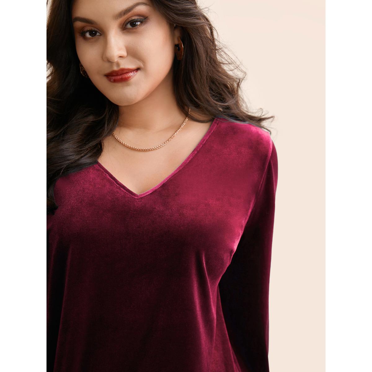 Plus Size Burgundy V Neck Velvet Lantern Sleeve Blouse Women Elegant Long Sleeve V-neck Everyday Blouses BloomChic 10/M Product Image