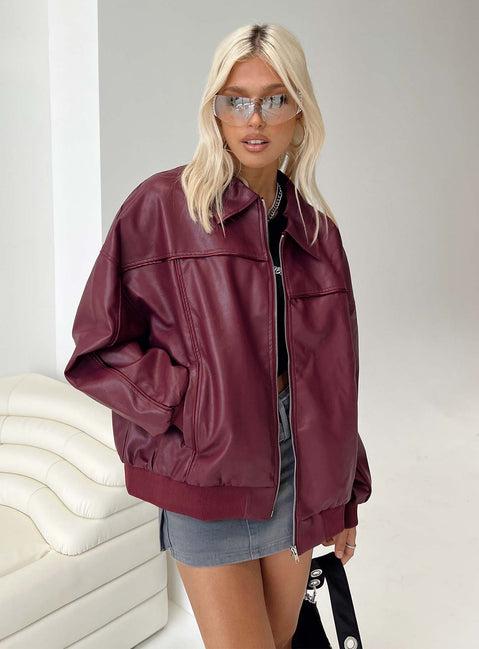 Goldsmith Faux Leather Bomber Jacket Burgundy Product Image