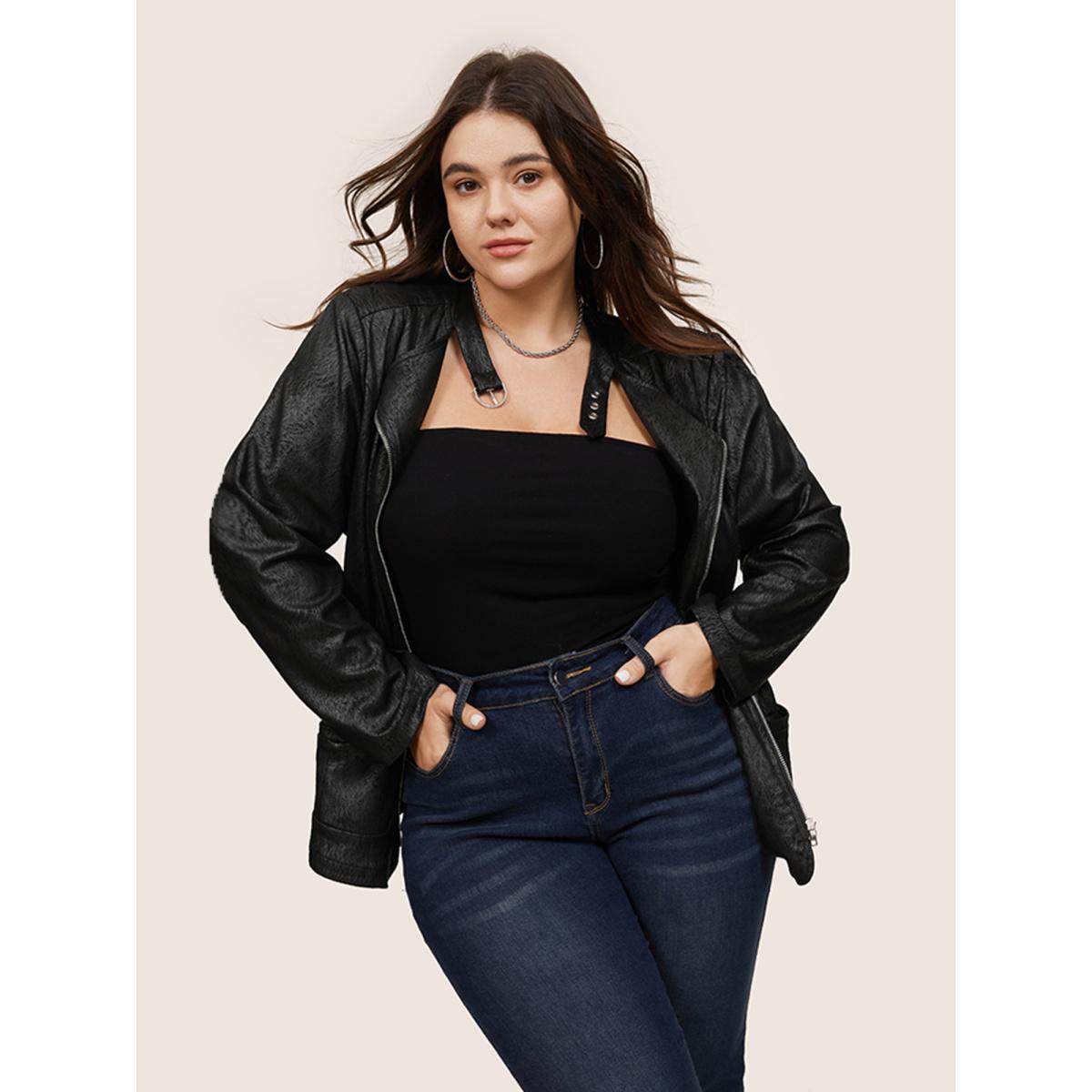 Plus Size PU Leather Print Faux Suede Buckle Detail Jacket Women Black Texture Pocket Everyday Jackets BloomChic 18-20/2X Product Image