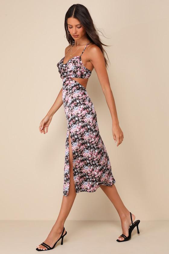 Unreal Charisma Black Floral Print Satin Cutout Midi Dress Product Image