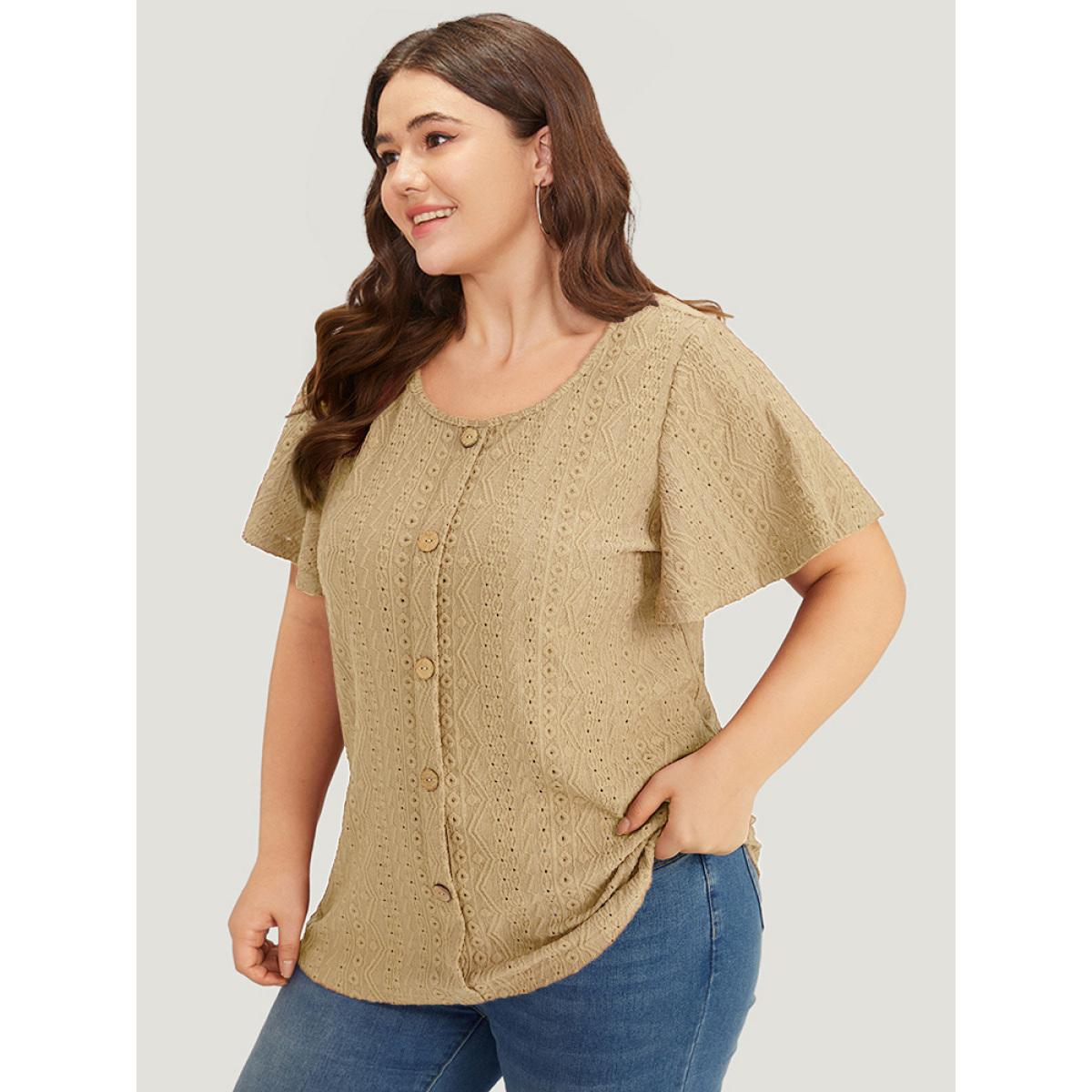 Plus Size Embroidered Button Detail Crew Neck Flutter Sleeve T-shirt Tan Women Elegant Texture Plain Round Neck Dailywear T-shirts BloomChic 18-20/2X Product Image