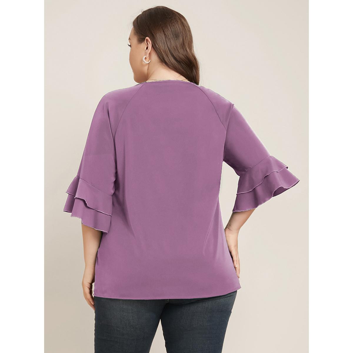Plus Size Mauve Plain Ruffle Tiered Round Neck Blouse Women Work From Home Elbow-length sleeve Round Neck Work Blouses BloomChic 14-16/1X Product Image