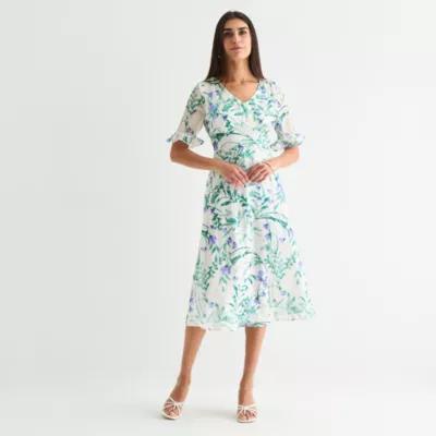 Perceptions Womens Short Sleeve Floral Midi Fit + Flare Dress Product Image