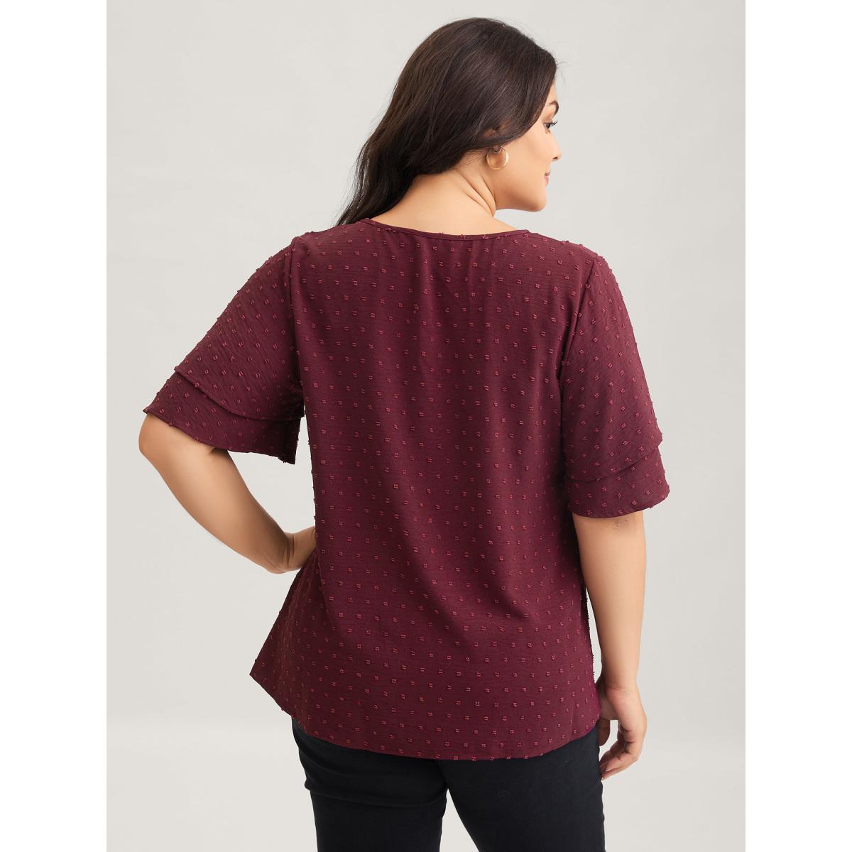 Plus Size Burgundy Plain Ruffle Tiered Sleeve V Neck Polka Dot Blouse Women Timeless Short sleeve V-neck Elegant Blouses BloomChic 30/6X Product Image
