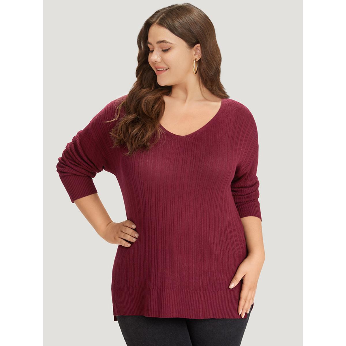 Plus Size Supersoft Essentials Plain Rib Knit Split Side Pullover Burgundy Women Casual Bodycon Long Sleeve Round Neck Dailywear Pullovers BloomChic 18-20/2X Product Image