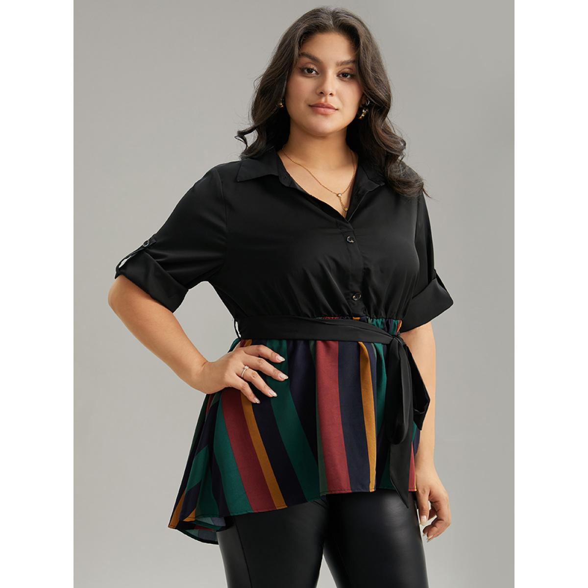 Plus Size Black Colour Striped Patchwork Belted Tab Sleeve Blouse Women Office Elbow-length sleeve Shirt collar Office Blouses BloomChic 22-24/3X Product Image