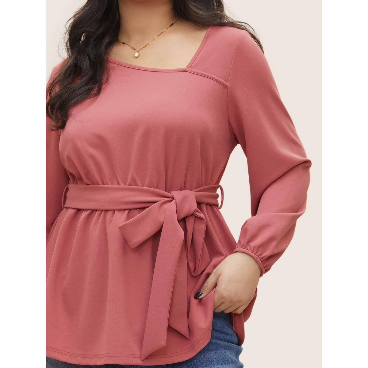 Plus Size DustyPink Asymmetrical Neck Belted Lantern Sleeve Blouse Women Work From Home Long Sleeve Asymmetrical Neck Work Blouses BloomChic 28/5X Product Image