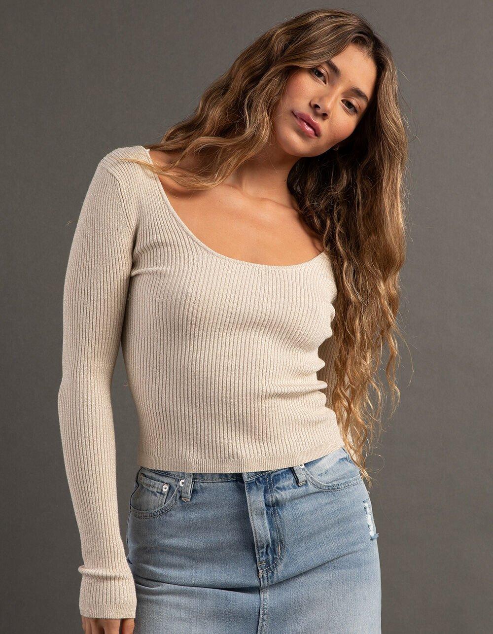 RSQ Womens Sparkle Rib Scoop Neck Womens Sweater - CREAM Product Image