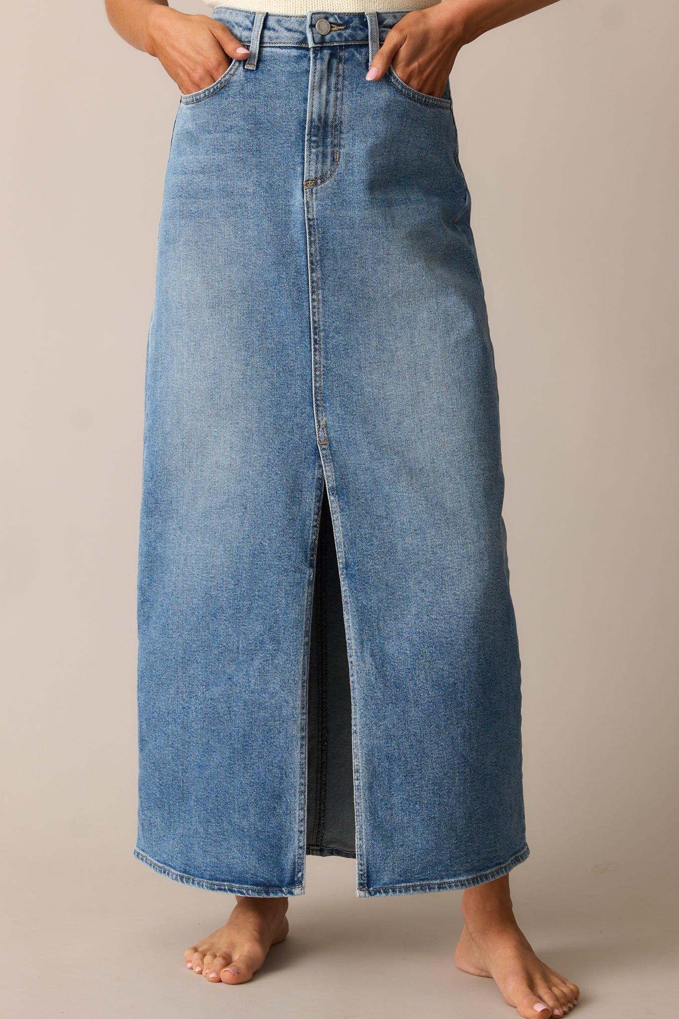 Days Of Dreaming Medium Wash Denim Midi Skirt Product Image