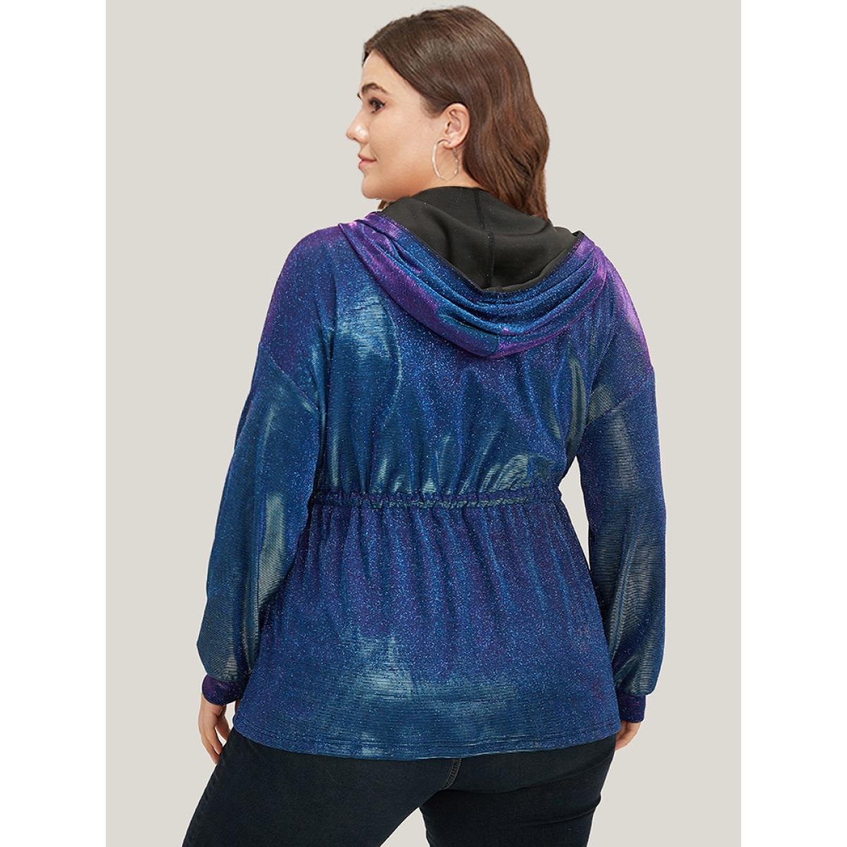 Plus Size Glitter Plain Drawstring Zipper Knot Hooded Coat Women Purple Elastic cuffs Dailywear Jackets BloomChic 18-20/2X Product Image