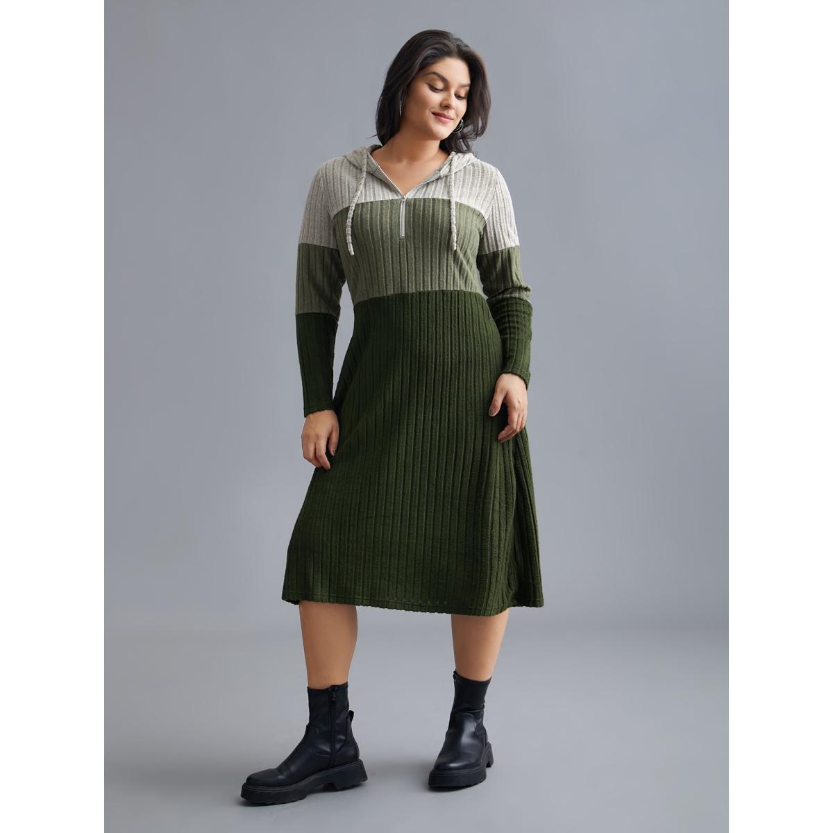 Plus Size Hooded Half Zip Pit Strip Knit Dress ArmyGreen Women Casual Contrast Hooded Long Sleeve Curvy BloomChic 10/M Product Image