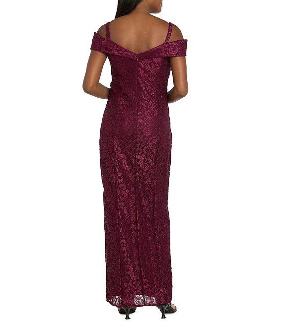 R & M Richards Sleeveless Off-The-Shoulder Rhinestone Detail Sweetheart Neck Front Slit Lace Glitter Gown Product Image