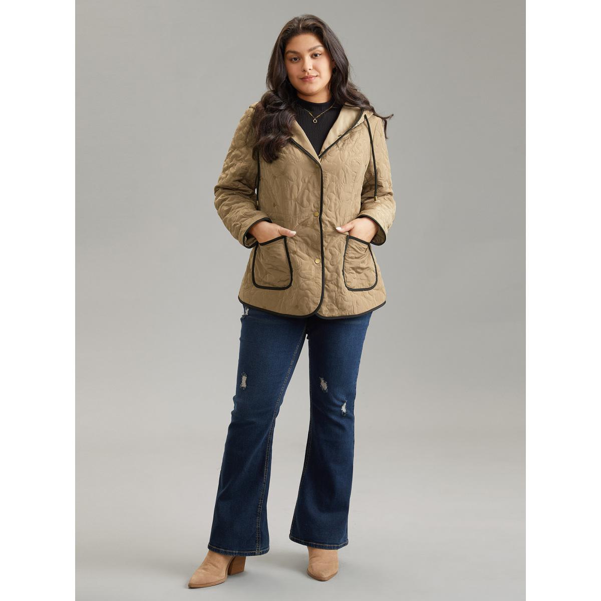 Plus Size Contrast Trim Drawstring Quilted Padded Jacket Women Bronze Lined Pocket Dailywear Jackets BloomChic 28/5X Product Image