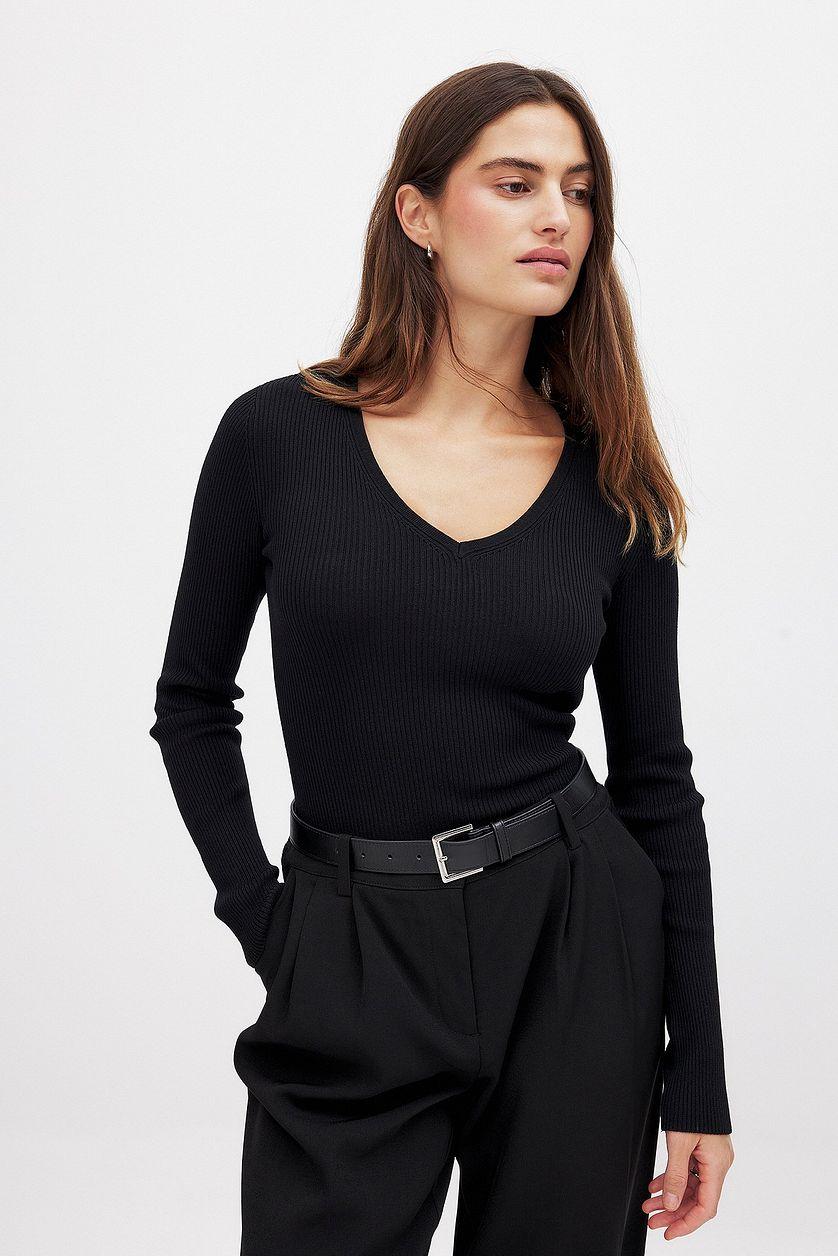 Ribbed Knitted V-Neck Top Product Image