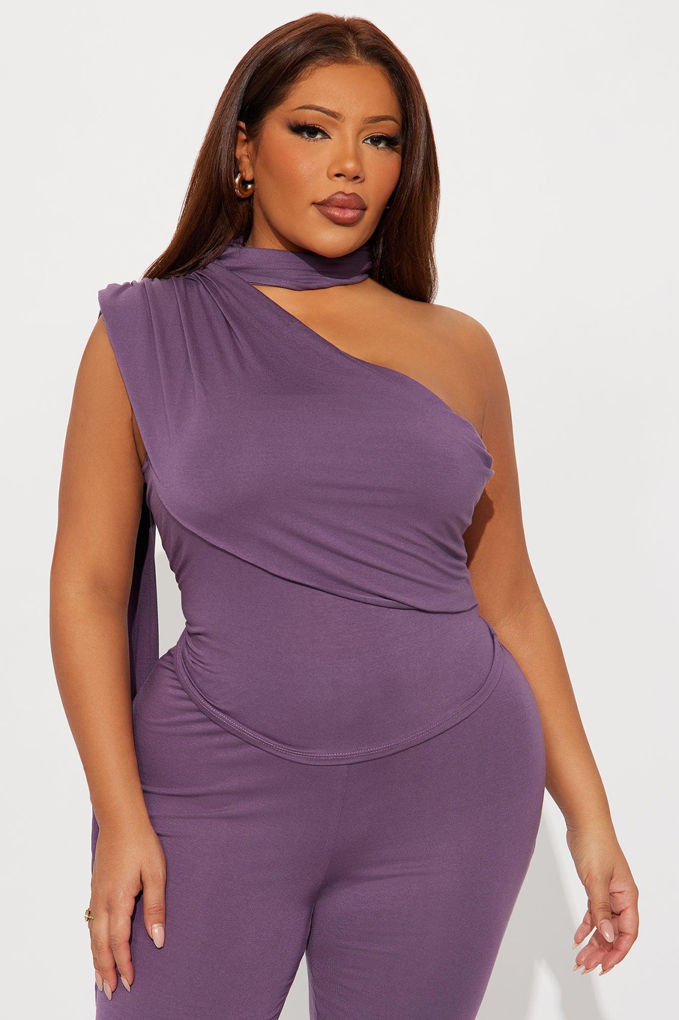 Talk To Me One Shoulder Scarf Top Pant Set - Purple Female Product Image