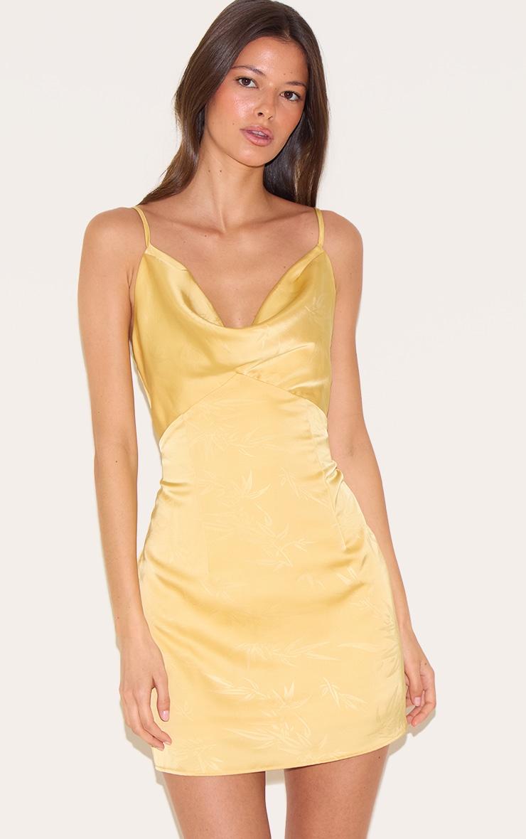 Mustard Satin Leaf Print Cowl Neck Mini Dress Product Image
