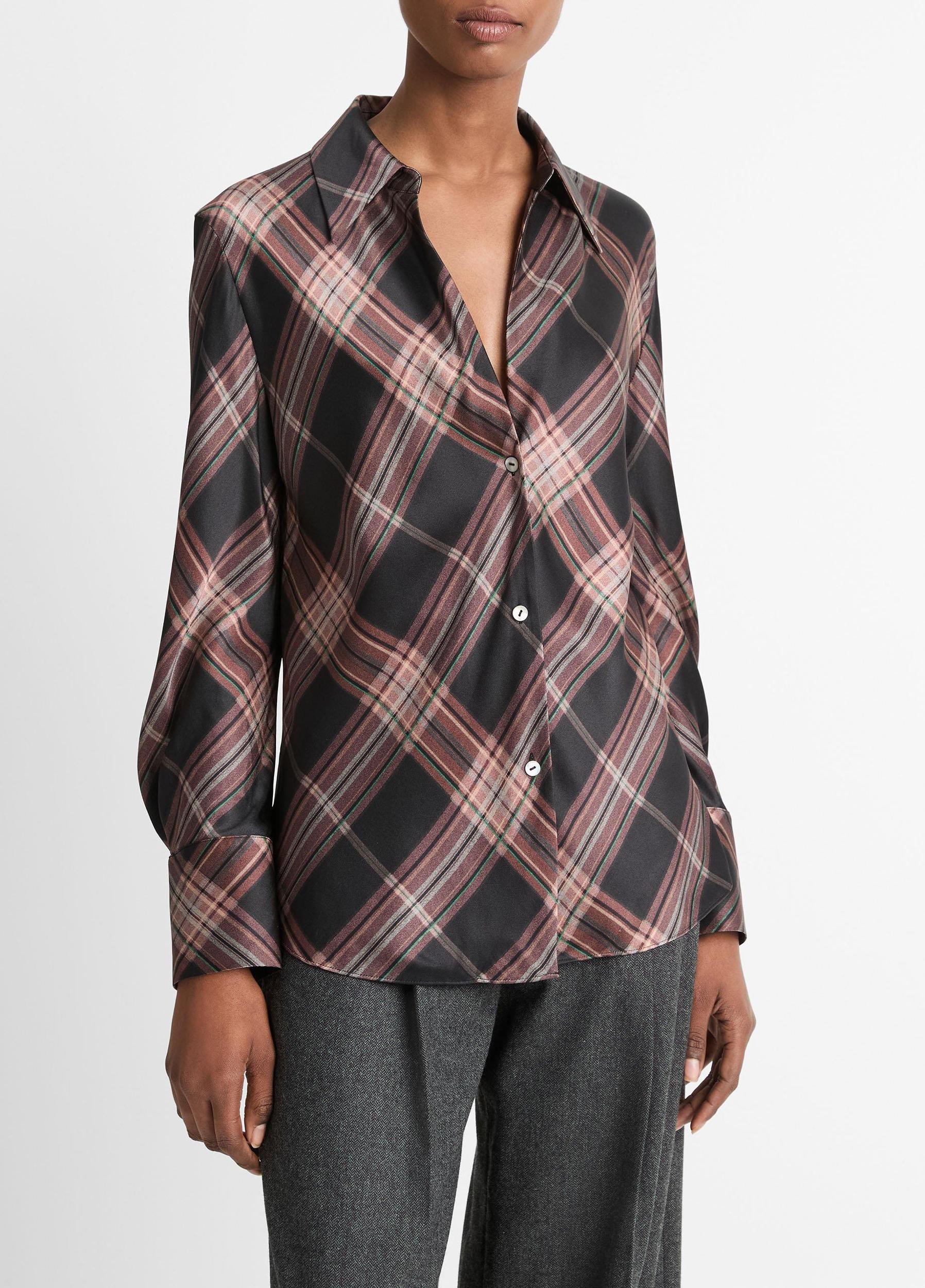 Plaid Silk Bias Long-Sleeve Blouse Product Image