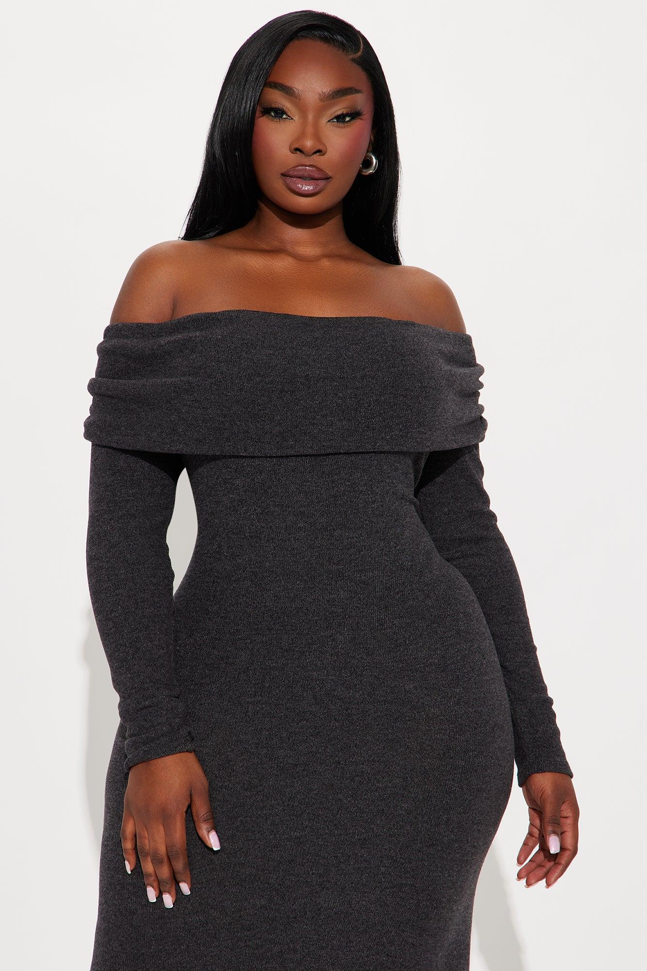 Tell Me More Off Shoulder Midi Dress - Black Product Image