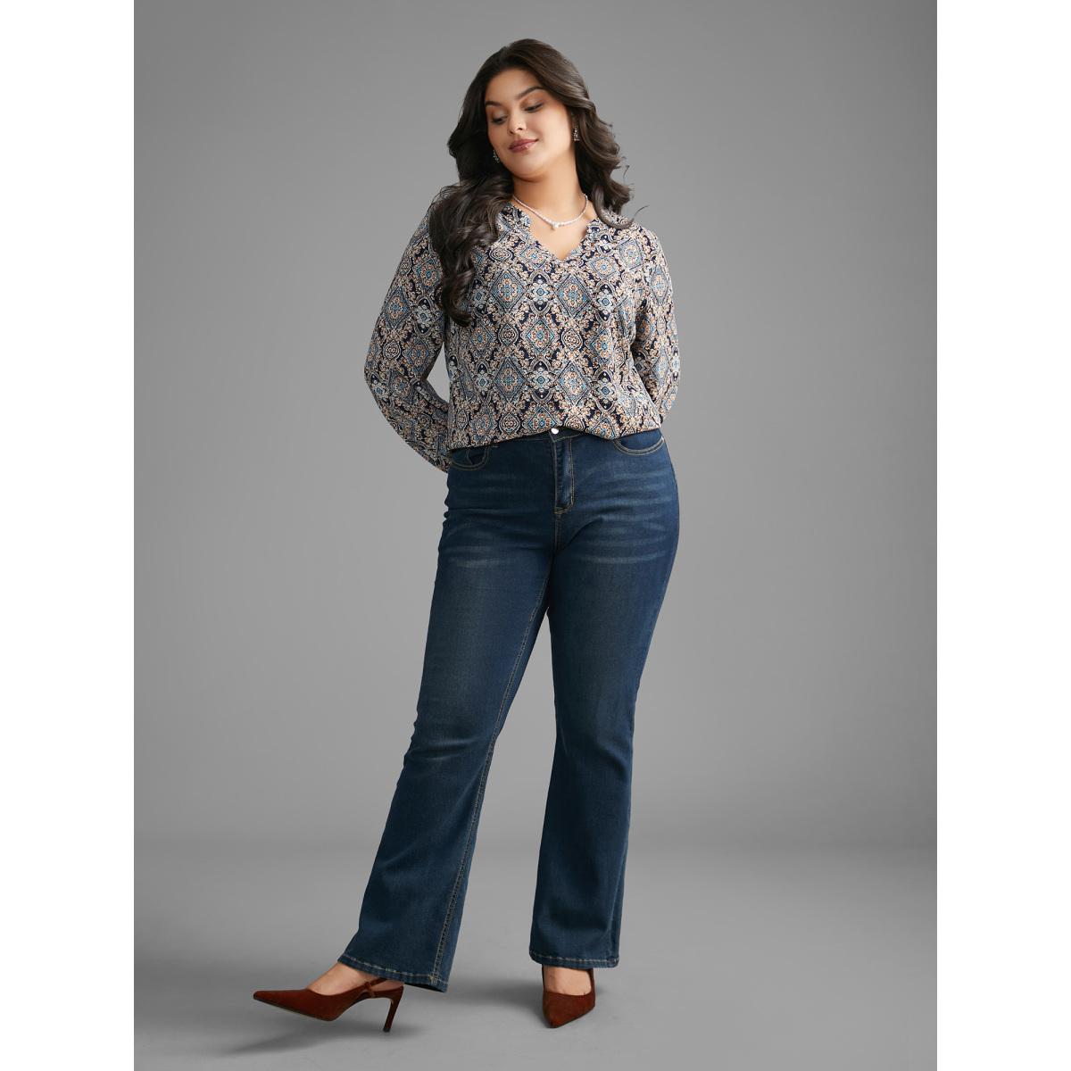 Plus Size Indigo Boho Print Notched Collar Slit Hem Blouse Women Elegant Long Sleeve Notched collar Everyday Blouses BloomChic 18-20/2X Product Image