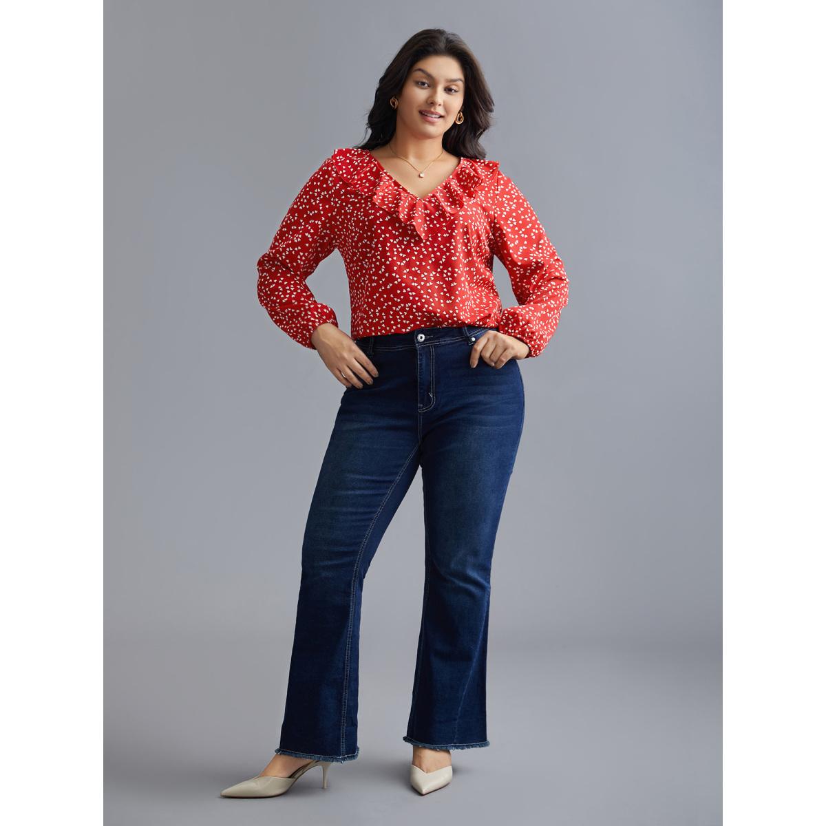 Plus Size Crimson V Neck Ruffle Heart Blouse Women Elegant Extra Long Sleeve V-neck Everyday Blouses BloomChic 14-16/1X Product Image