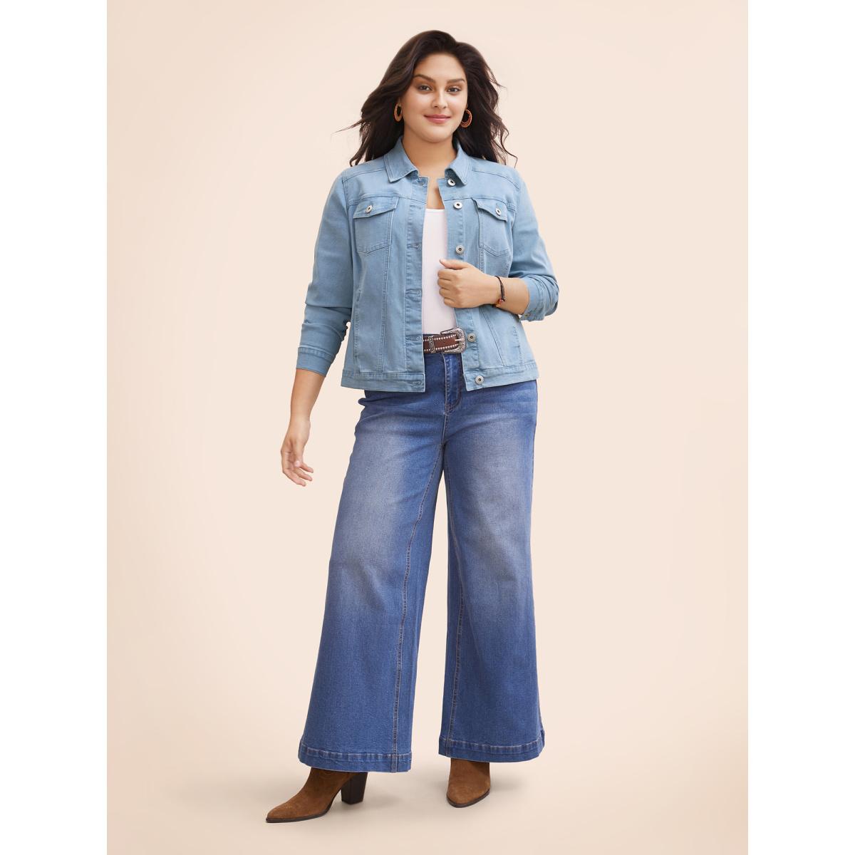 Women Stretch Denim Hourglass-Fit Jacket Denimblue Plus Size Button Everyday Casual Denim Jackets BloomChic 14-16/1X Product Image