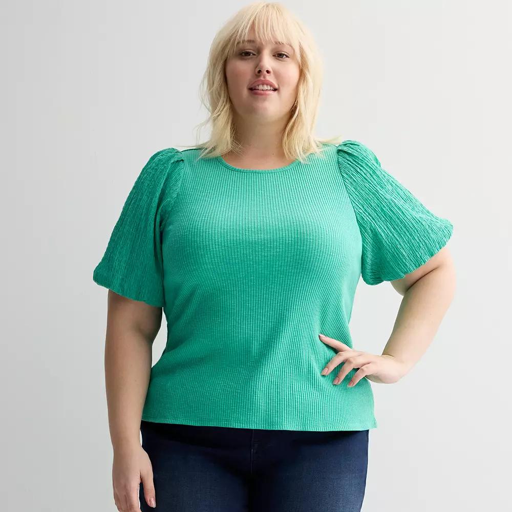 Plus Size Nine West Textured Puff Sleeve Ribbed Knit Top, Womens Product Image