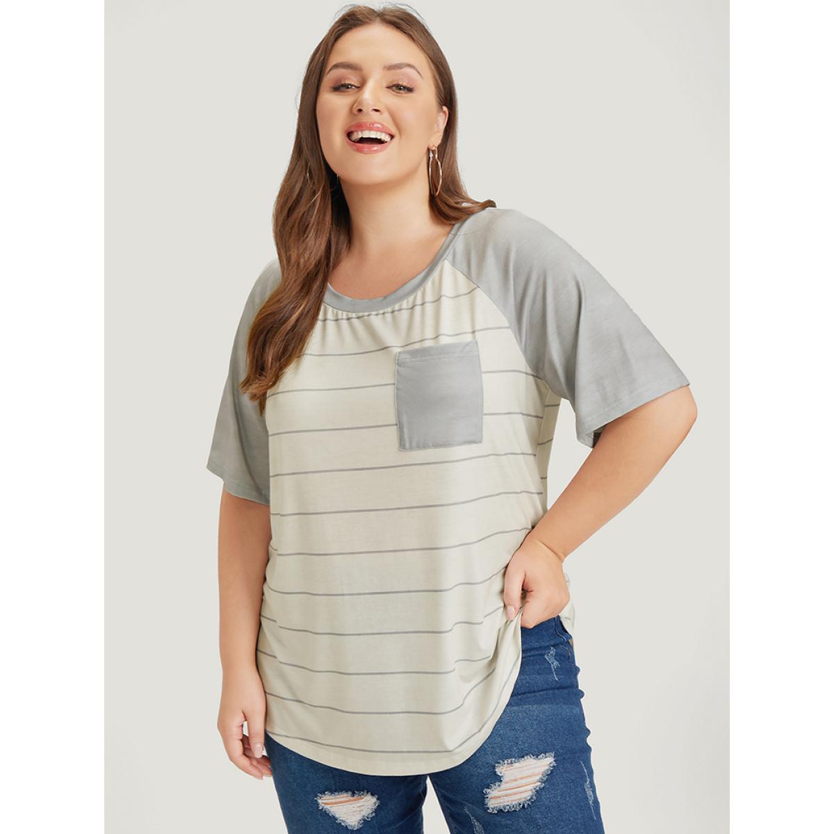 Plus Size Striped Patched Pocket Raglan Sleeve T-shirt Gray Women Casual Striped Round Neck Dailywear T-shirts BloomChic 26/4X Product Image
