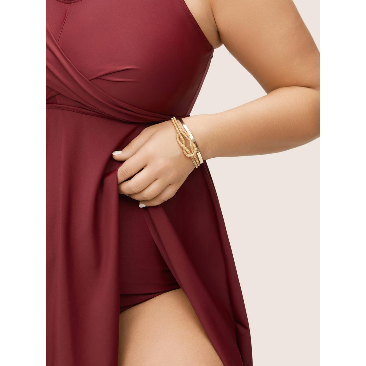 Plus Size Solid Crossover Adjustable Straps Split Hem Swim Dress Women's Swimwear Burgundy Beach Bodycon U-neck High stretch Curve Swim Dresses BloomChic 12/L Product Image