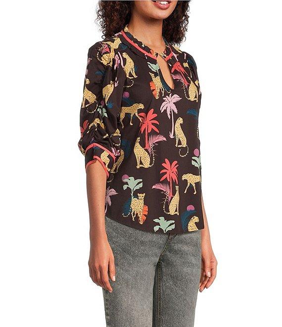 Democracy Woven Animal Plam Print Ruffle Split V-Neck Ruched Elbow Sleeve Top Product Image