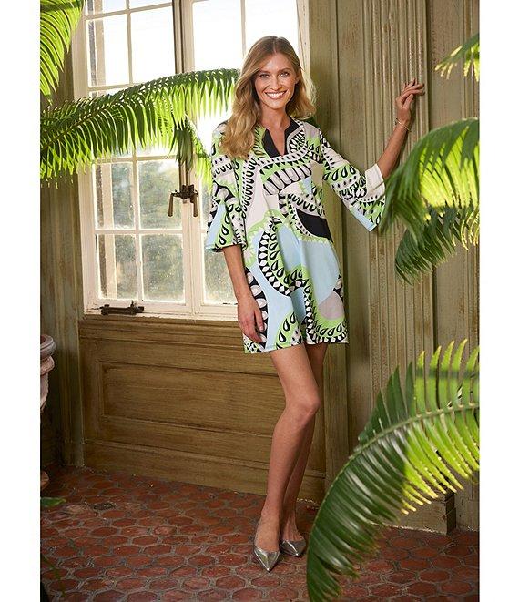 Jude Connally Kerry Mod Kaleidoscope Pool Print Split V-Neck 3/4 Bell Sleeve Knit Shift Dress Product Image