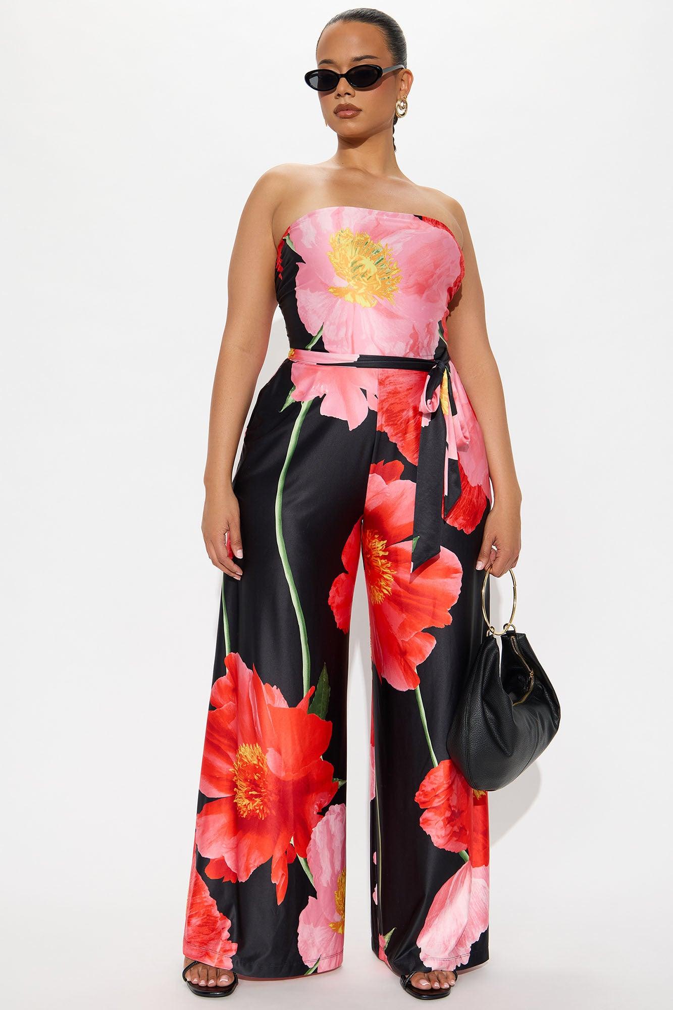 Falling Flower Wide Leg Strapless Jumpsuit - Black/combo Product Image
