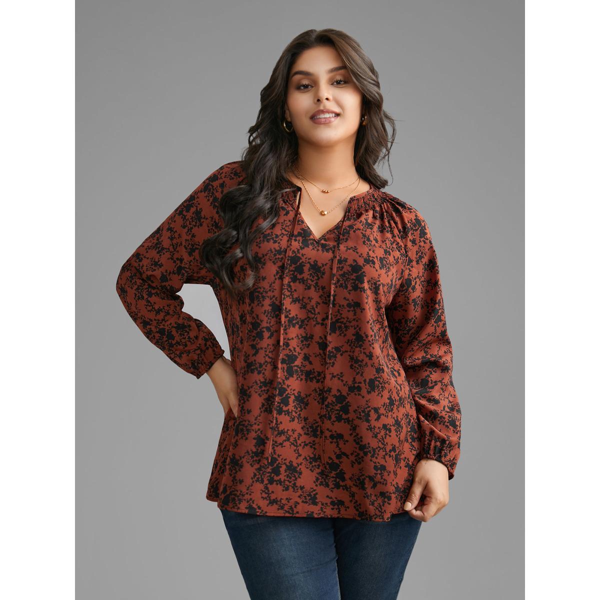 Plus Size Russet Silhouette Floral Print Shirred Gathered Blouse Women Elegant Long Sleeve Wrap collar Everyday Blouses BloomChic 28/5X Product Image