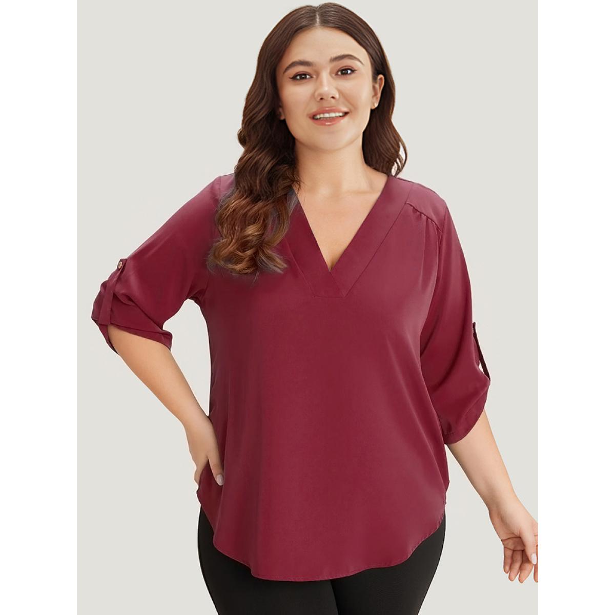 Plus Size Indigo Solid Cuffed Sleeve Gathered Curved Hem Blouse Women Office Elbow-length sleeve V-neck Work Blouses BloomChic 30/6X Product Image