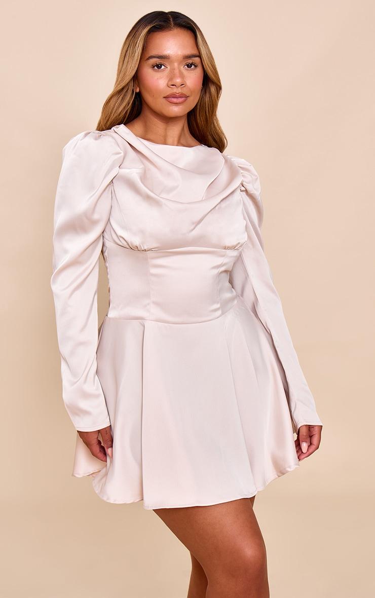 Shape Cream Satin Boat Neck Cinched Waist Skater Mini Dress Product Image