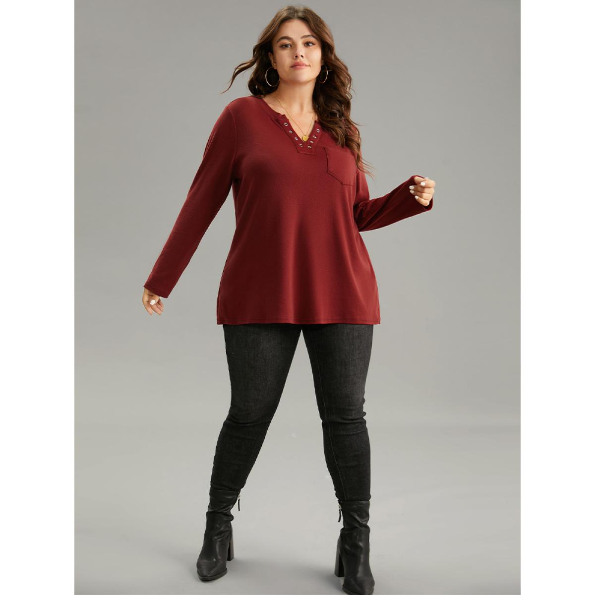 Plus Size Supersoft Essentials Solid Eyelets Notched T-shirt Scarlet Women Casual Plain Plain Notched collar Dailywear T-shirts BloomChic 26/4X Product Image