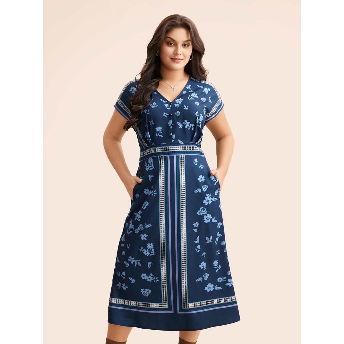 Plus Size Boho Print Shirred Dolman Sleeve Dress Navy Women Elegant Pleated V-neck Short sleeve Curvy BloomChic 22-24/3X Product Image