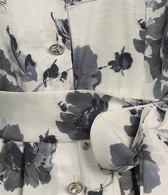 Marina Taffeta Collared V-Neck Long Sleeve Button Front Tie Sash Fit-and-Flare Midi Dress Product Image