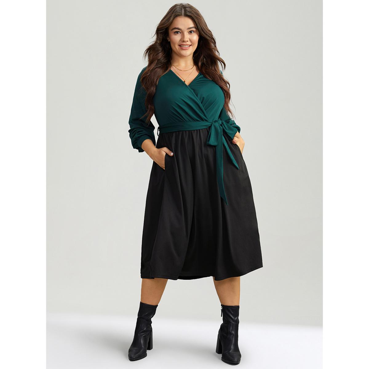 Plus Size Contrast Patchwork Bowknot Overlap Collar Dress DarkGreen Women Elegant Belted V-neck Long Sleeve Curvy Midi Dress BloomChic 14-16/1X Product Image