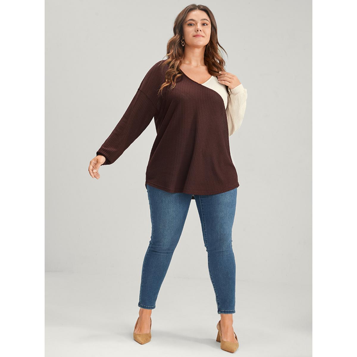 Plus Size Colorblock Contrast V Neck Waffle Knit Sweatshirt Women Burgundy Elegant Patchwork V-neck Dailywear Sweatshirts BloomChic 10/M Product Image