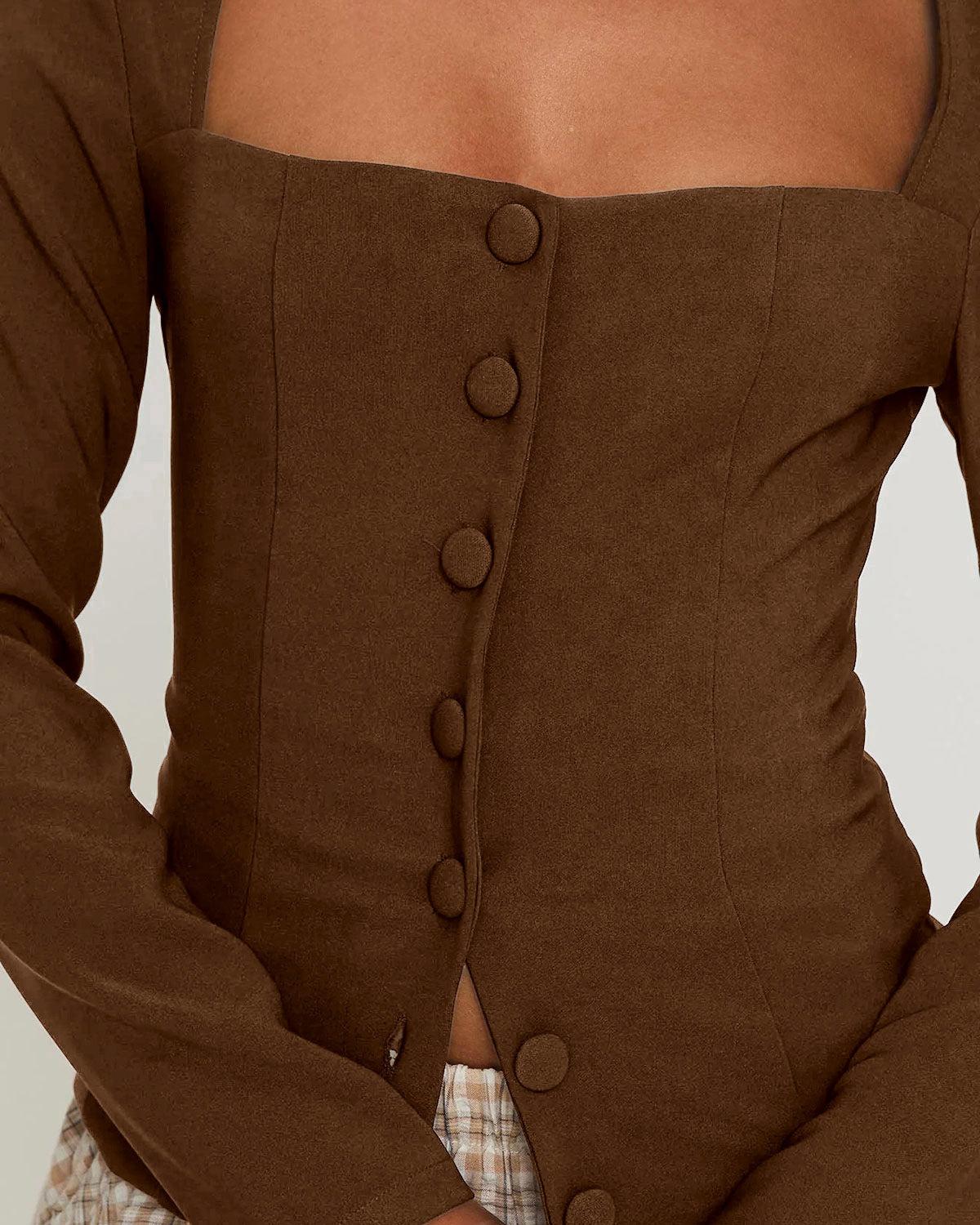 Brown Square Neck Button Blouse Product Image