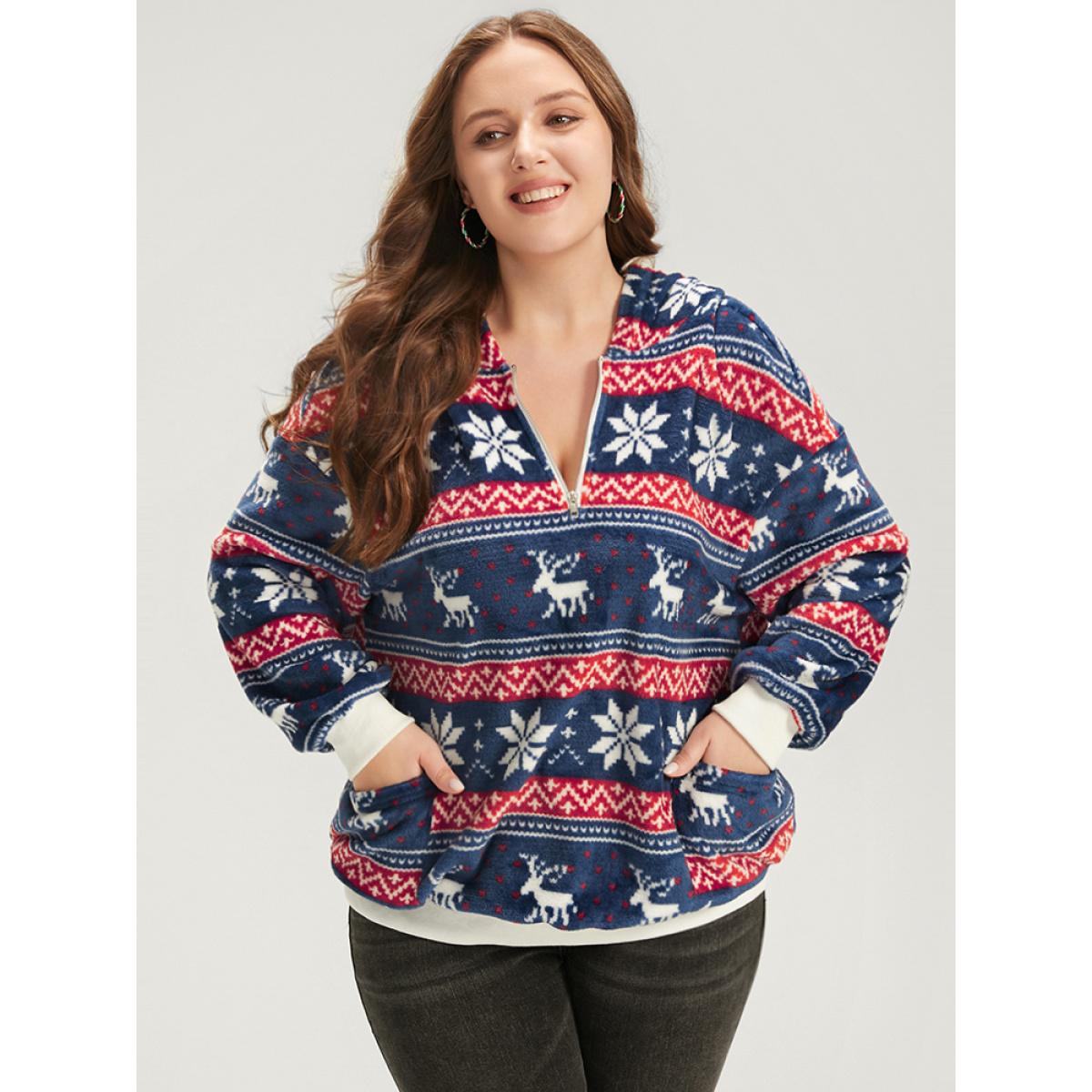 Plus Size Snowflake & Elk Print Zipper Pocket Sweatshirt Women DarkBlue Casual Zipper Hooded Dailywear Sweatshirts BloomChic 18-20/2X Product Image