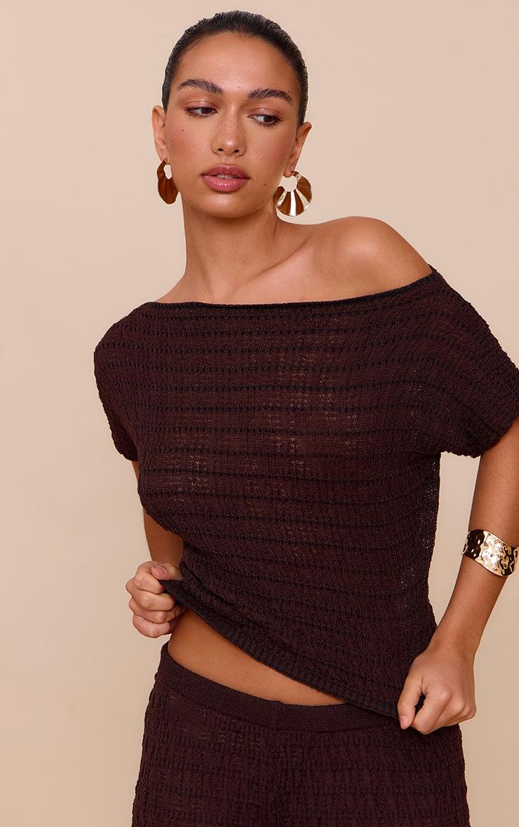 Chocolate Textured Knit Off The Shoulder Top Product Image