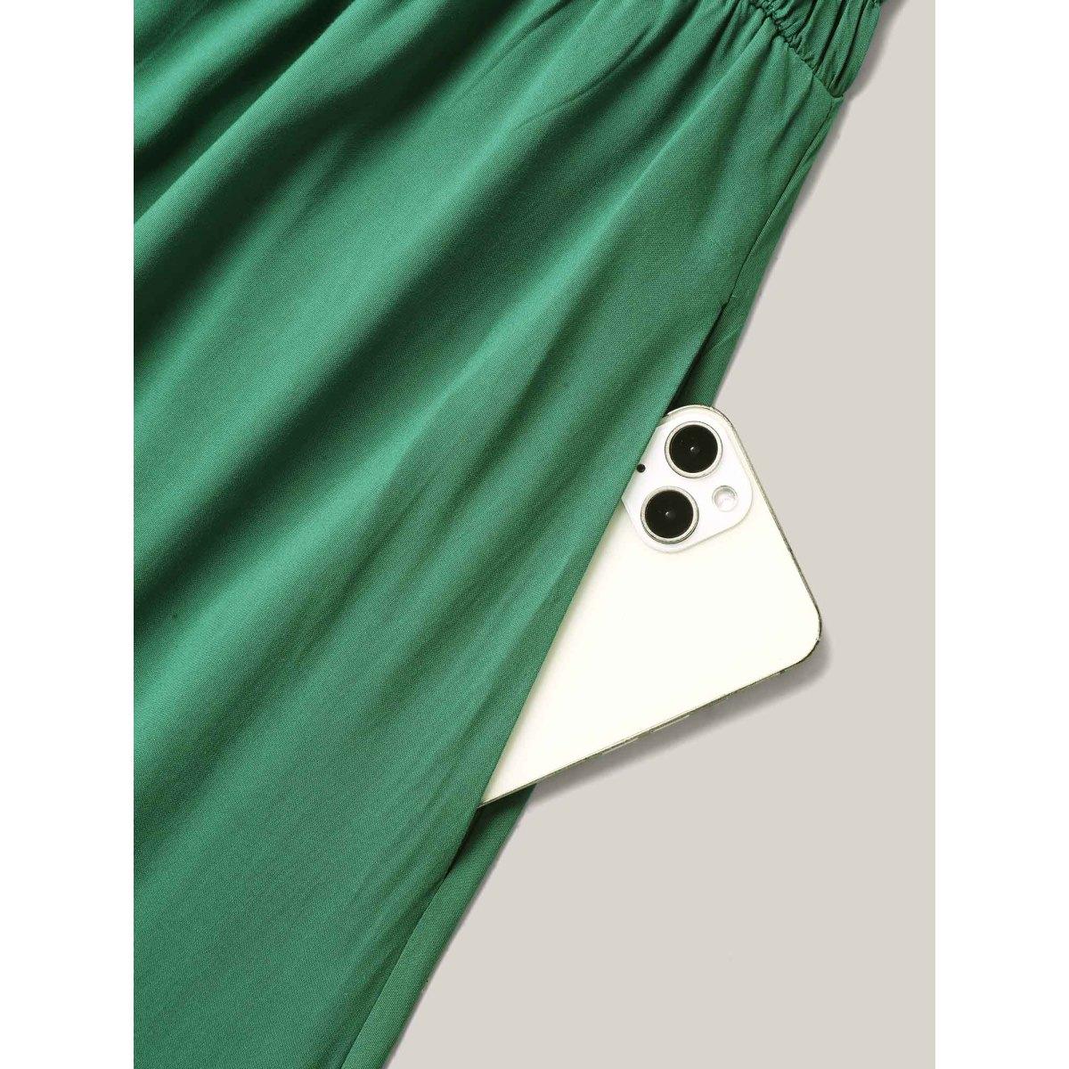 Plus Size Rayon Shirred Flutter Straps Pockets Midi Dress Emerald Women Square Neck Sleeveless Curvy BloomChic 22-24/3X Product Image